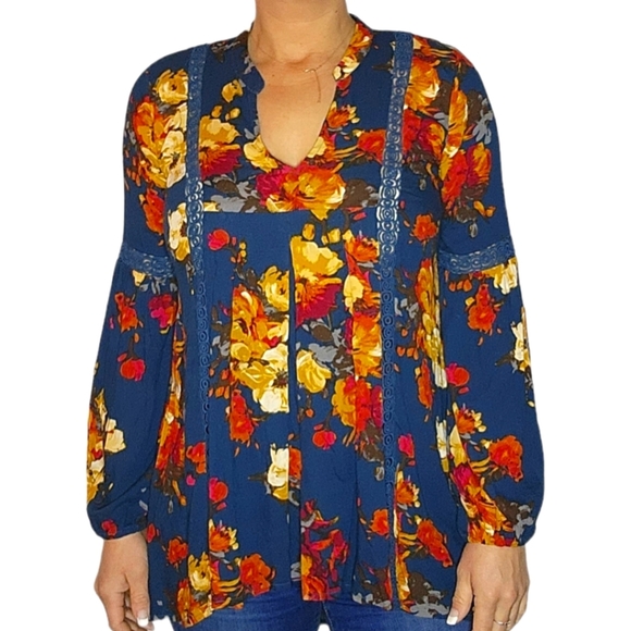 Blu Pepper Size Small Boho Floral Long Sleeve Blouse Blue Orange - Picture 4 of 5